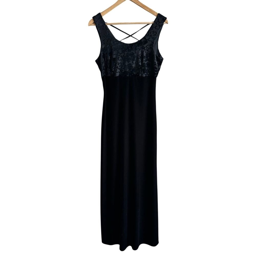 Vintage 90s Long Black Velvet Lace Up Back Floral Burnout Dress Black Small